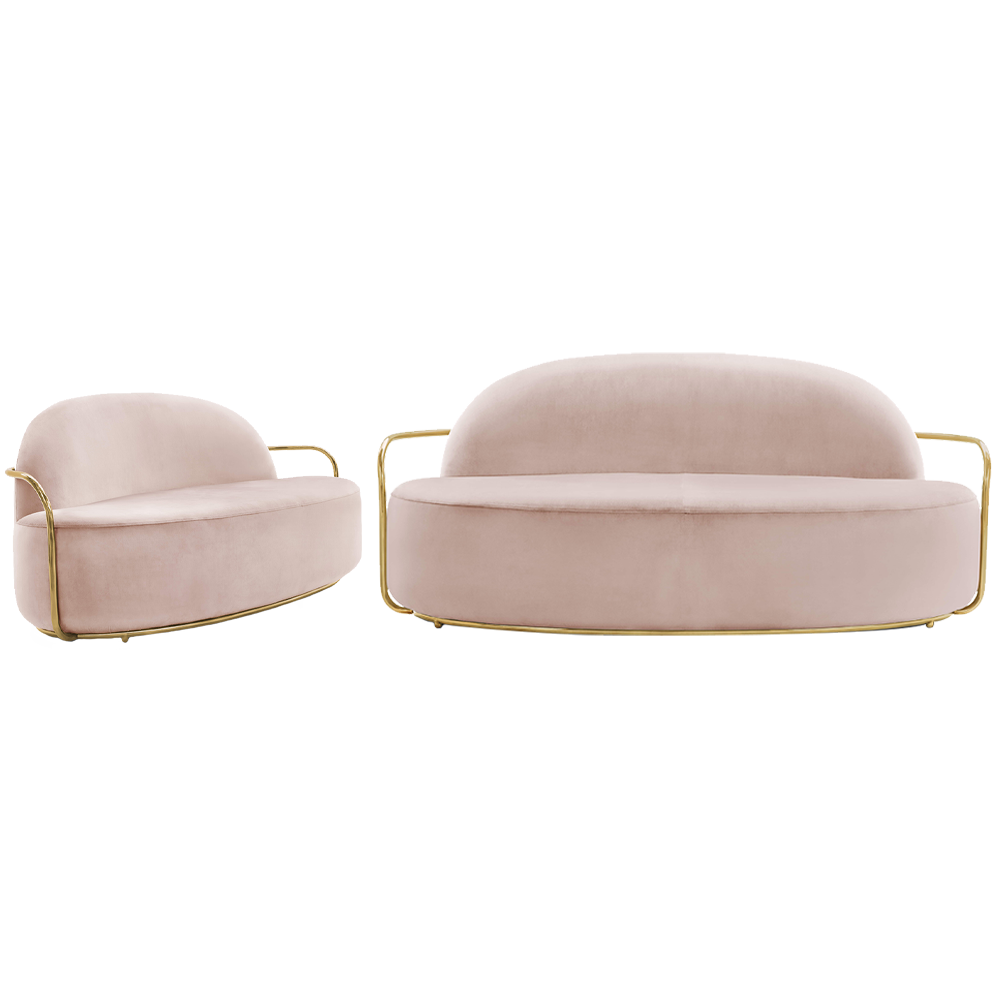 Orion Sofa Blush Oro aus hellrosafarbenem Samt und goldenen Armen, anmutig und schick.