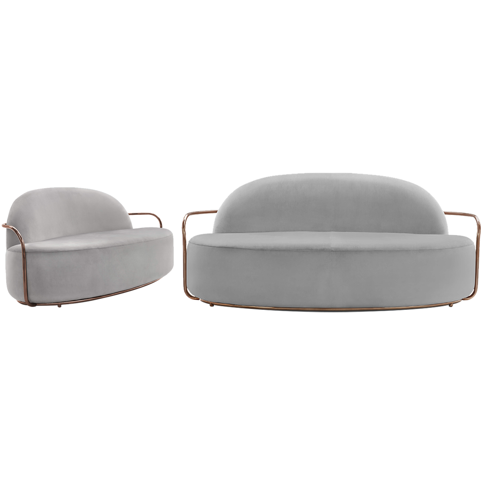 Orion Sofa Blanche Rose aus grauem Samt mit roségoldenen Armlehnen, raffiniert und modern.