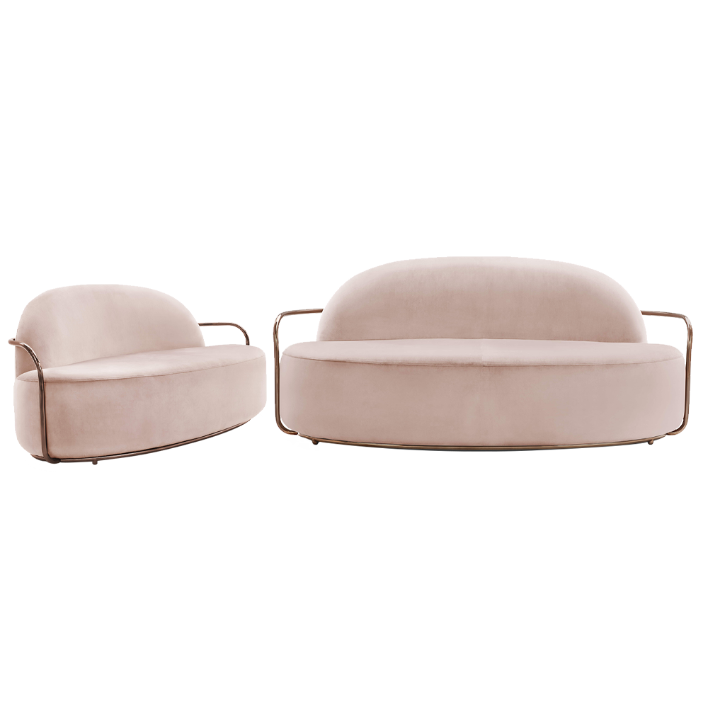 Orion Sofa Blush Rose aus hellrosafarbenem Samt mit roségoldener Oberfläche, sanfte Raffinesse.