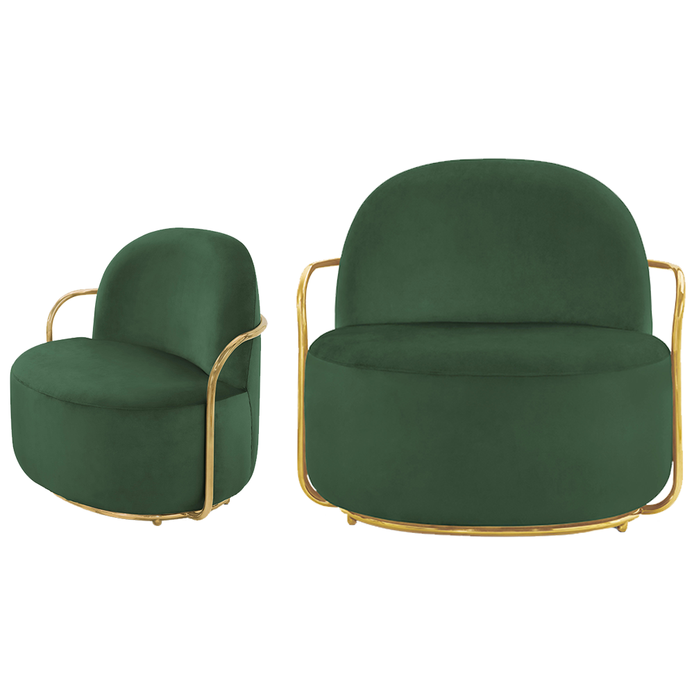 Orion Lounge Chair Verde Oro mit grünem Samt und goldenen Armen, üppig und einladend.