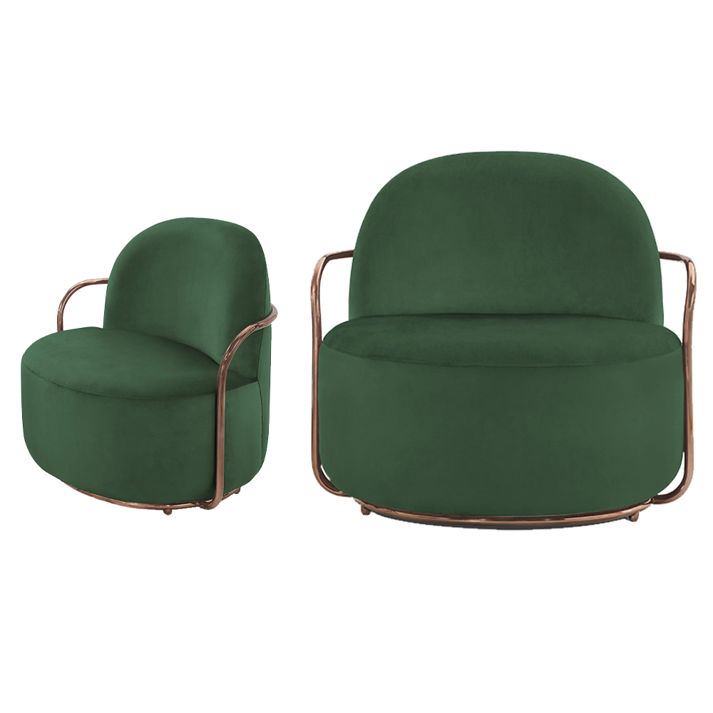 Orion Lounge Chair Verde Rose mit Armlehnen aus tiefgrünem Samt und Roségold, schick und edel.