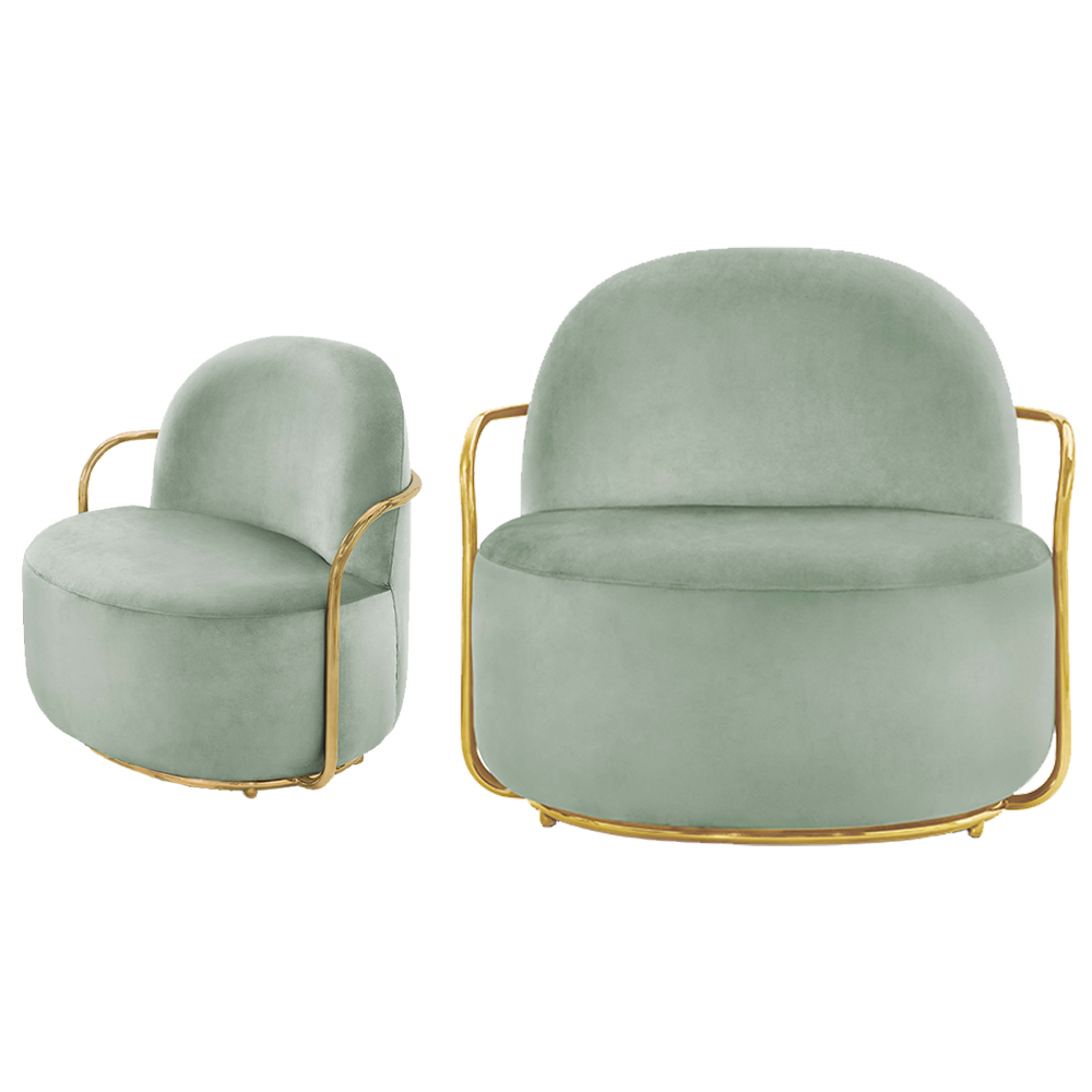 Orion Lounge Chair Jade Oro aus mintfarbenem Samt mit goldenen Armlehnen, erfrischend und raffiniert.