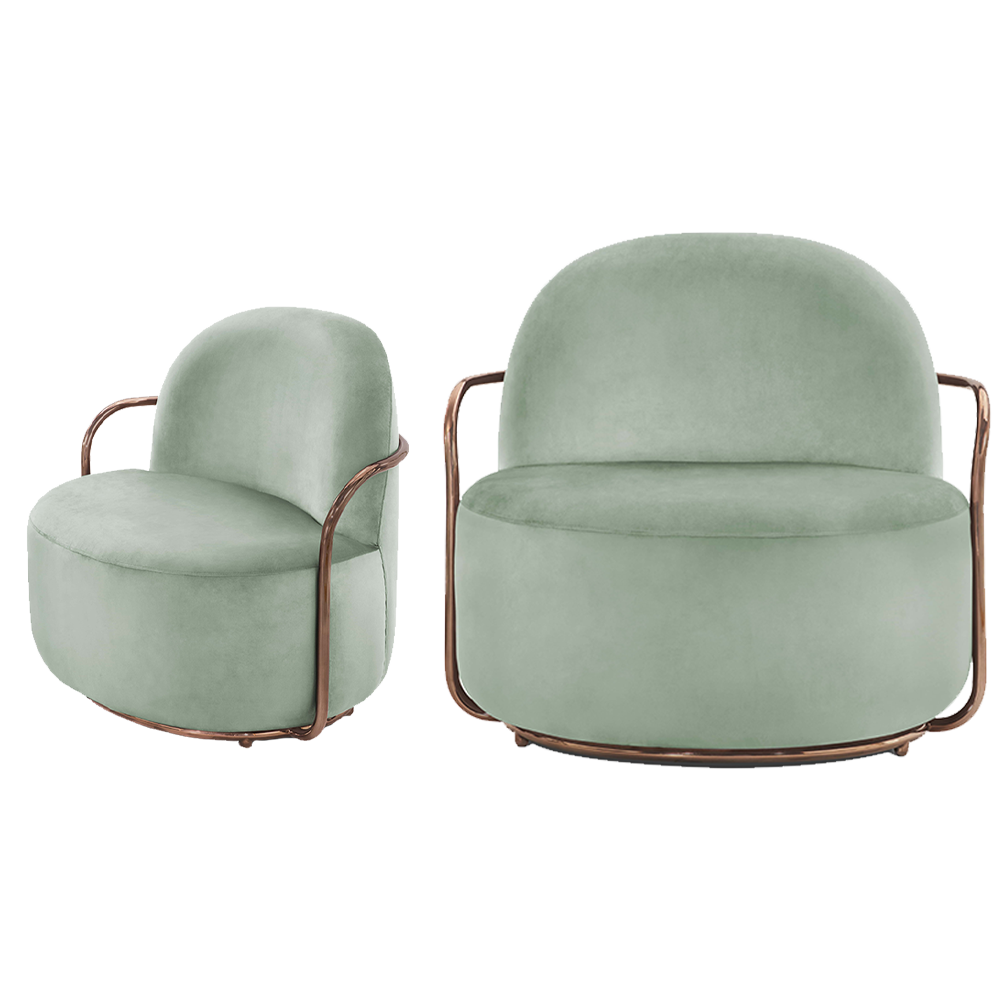 Orion Lounge Sessel Jade Rose mit Armlehnen aus mintfarbenem Samt und roségoldfarbenem Metall, moderner Charme.