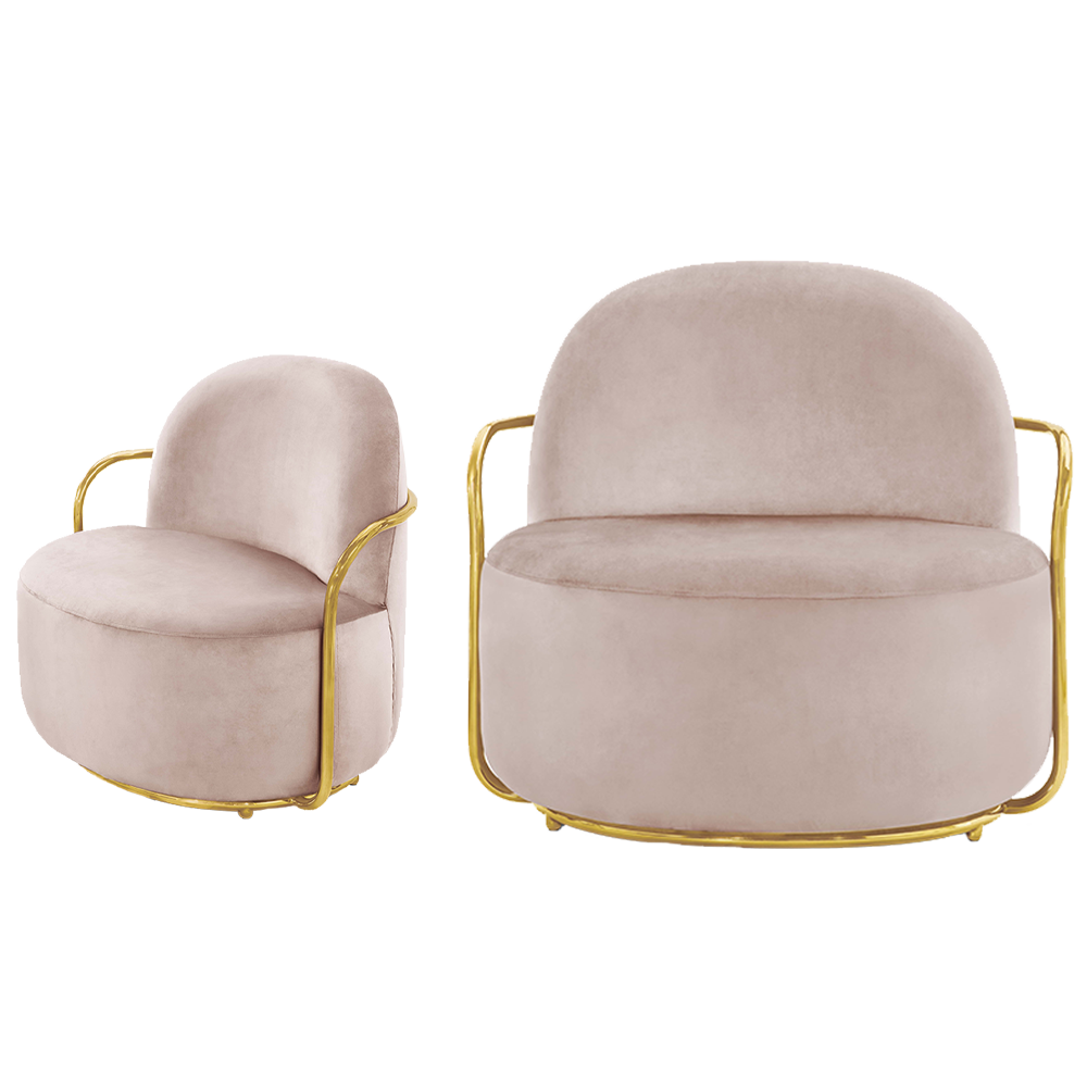 Orion Lounge Chair Blush Oro aus rosafarbenem Samt und goldfarbenem Metall, feminin und elegant.