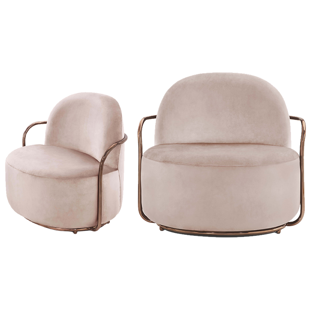 Orion Lounge Chair Blush Rose aus rosafarbenem Samt mit roségoldenen Details, gemütliche Eleganz.