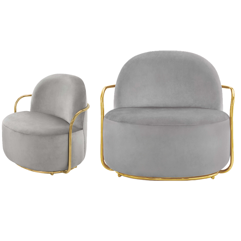 Orion Lounge Chair Blanche Oro aus grauem Samt und goldenen Armlehnen, subtiler Luxus.