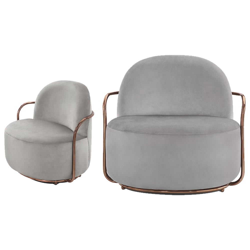 Orion Lounge Chair Blanche Rose aus grauem Samt mit roségoldenem Metall, ruhig und stilvoll.