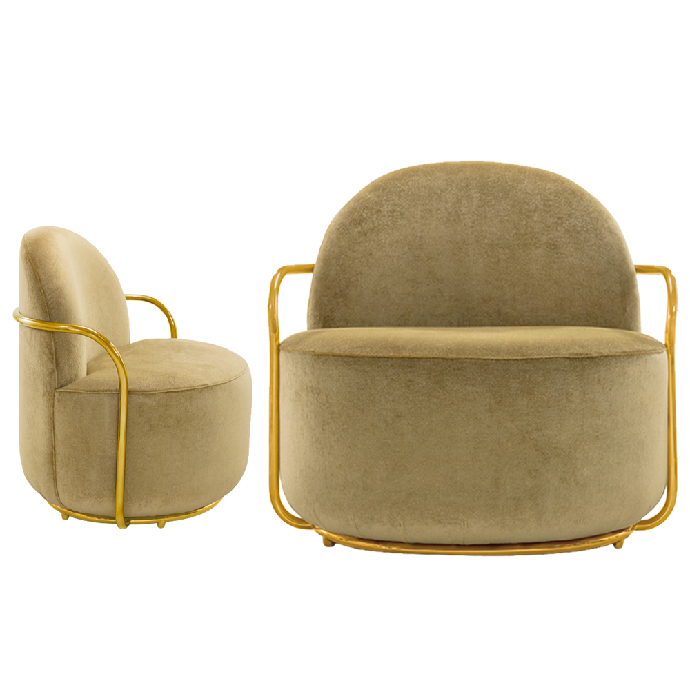 Orion Lounge Chair Gold Oro aus goldenem Samt und Metall, der Opulenz ausstrahlt.