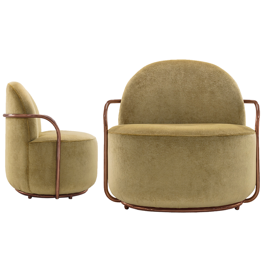 Orion Lounge Chair Gold Rose aus goldenem Samt und roségoldenem Metall, reich und stilvoll.