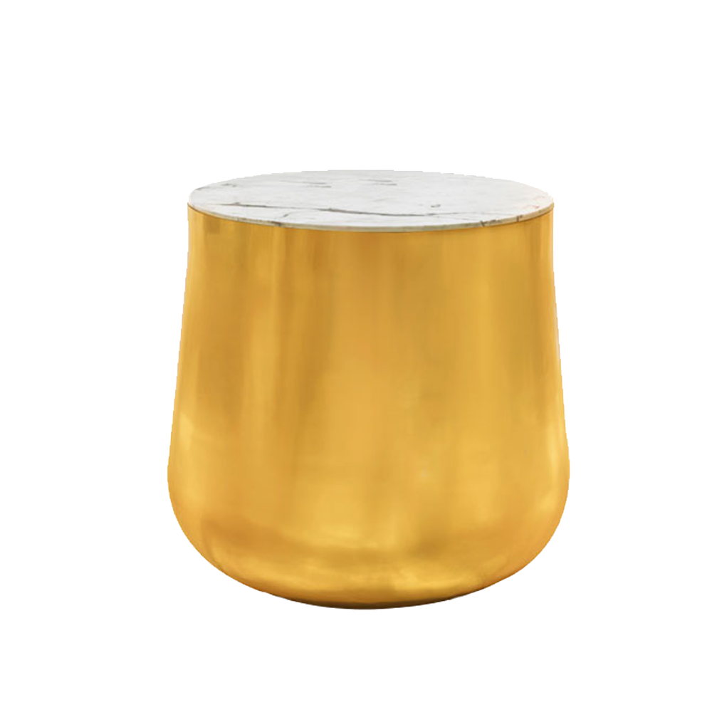 Der Terra Alto Bianco Coffee/Side Table ist ein runder Messingtisch mit einer glänzenden weißen italienischen Marmorplatte, die von indischen Matka-Formen inspiriert ist.