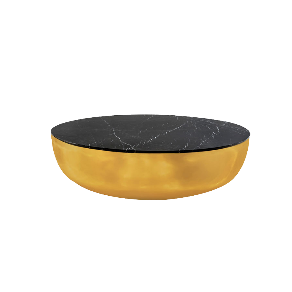 Der Terra Bass Nero Coffee Table ist ein luxuriöser Messingtisch mit glänzender schwarzer Marmorplatte — mutig und raffiniert.