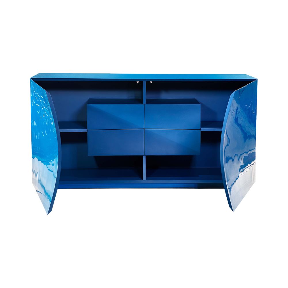 Kaizen Credenza Blauer Schrank mit geschwungenen Türen und mattem Interieur