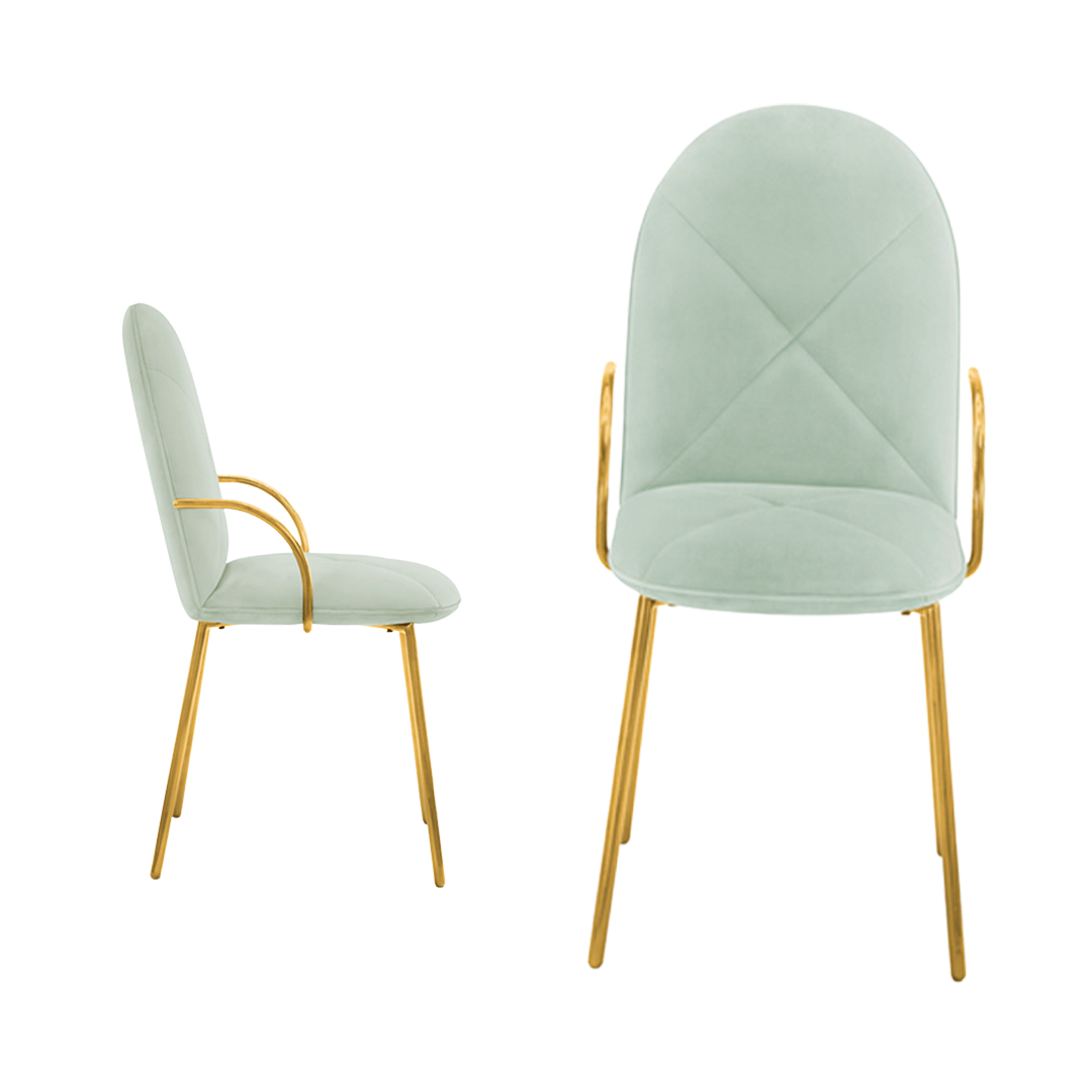 Orion Stuhl Jade Oro aus hellgrünem Samt mit goldenen Metallbeinen, raffinierter Akzent.