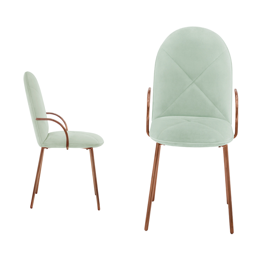Orion Stuhl Jade Rose aus hellgrünem Samt und Roségold, modern und weich.