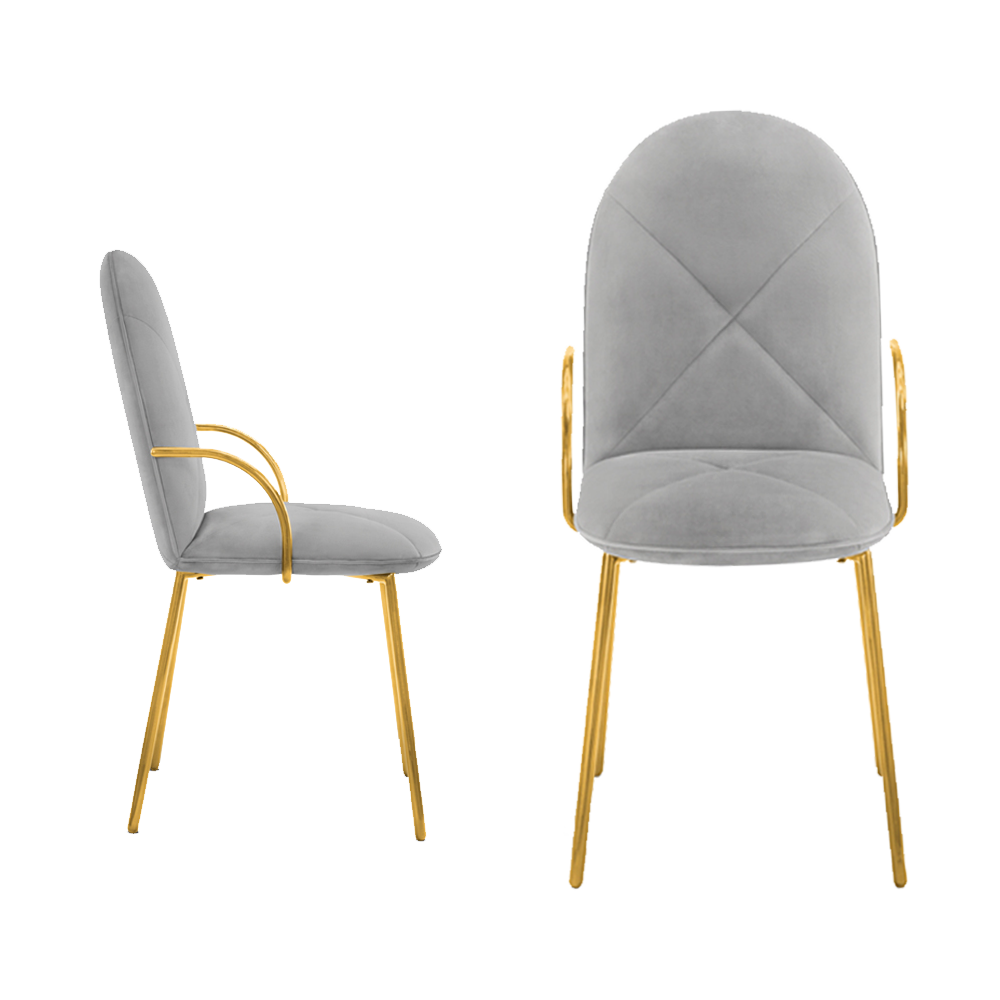 Orion Stuhl Blanche Oro aus grauem Samt mit goldenen Details, elegant und gemütlich.