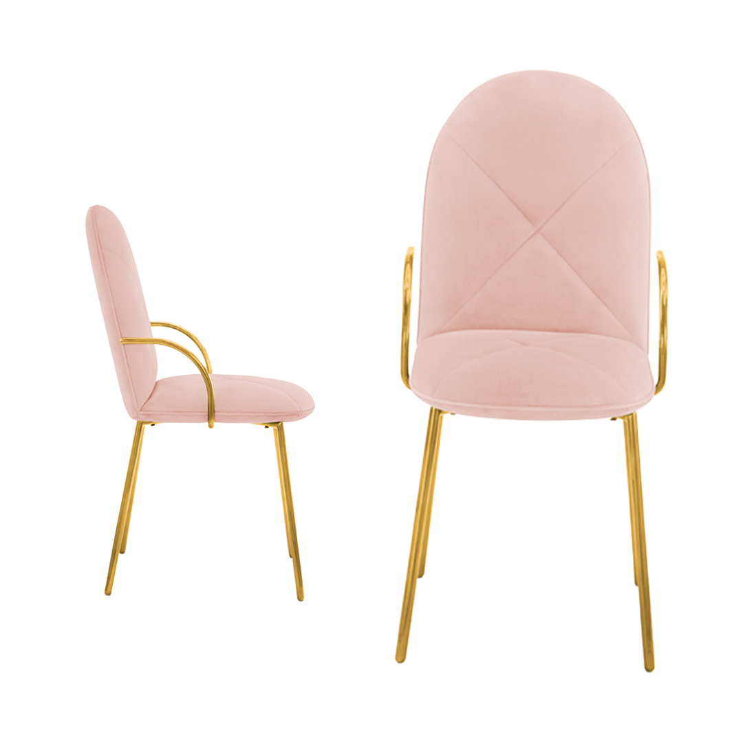 Orion Chair Blush Oro aus zartem rosafarbenem Samt und goldenen Akzenten, charmant und elegant.