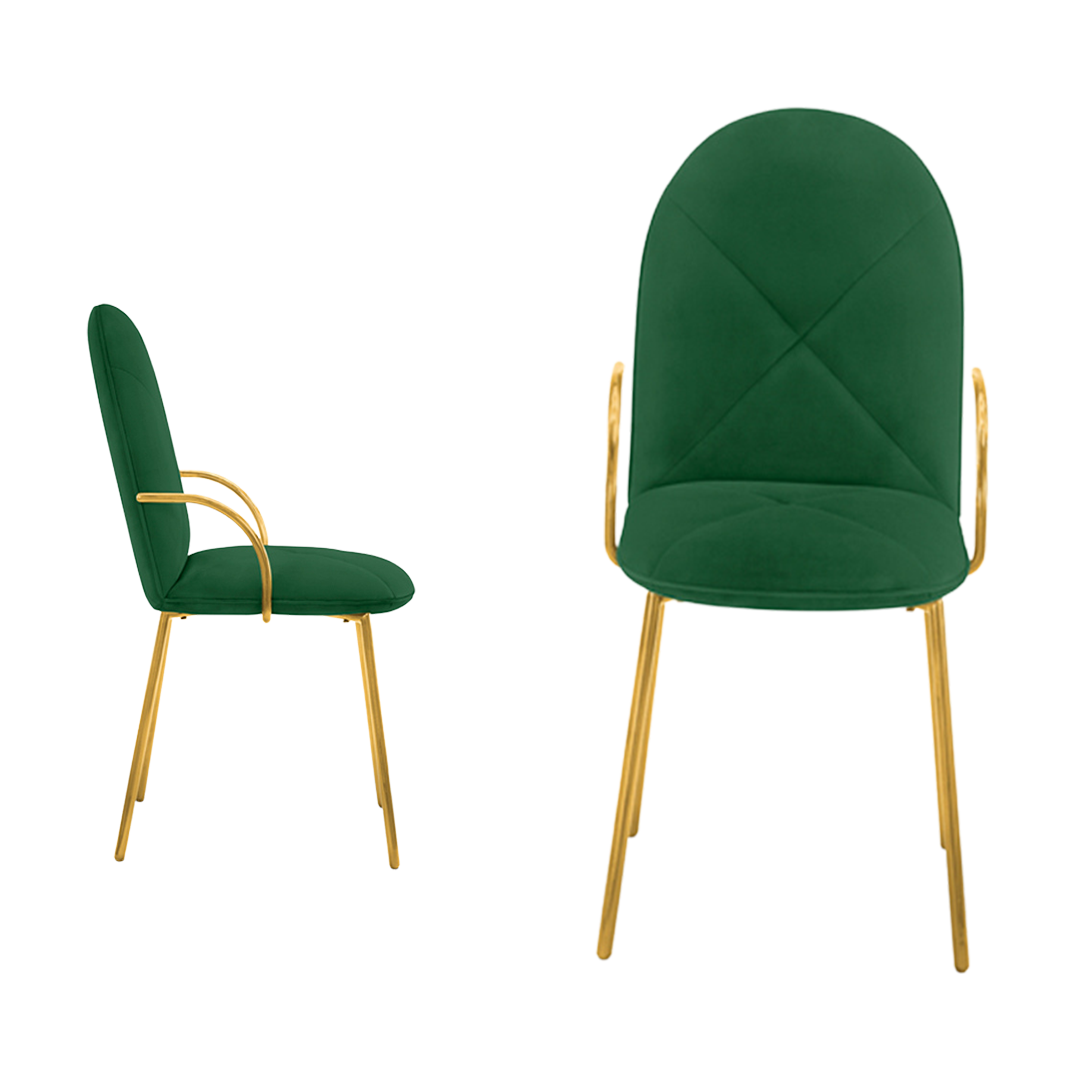 Orion Stuhl Verde Oro aus grünem Samt und goldenen Beinen, elegant und modern.
