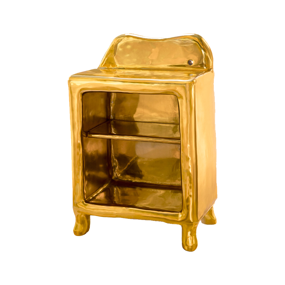 Der Elation Side Table ist eine Konsole aus hochglänzendem Messing — raffiniert und modern.