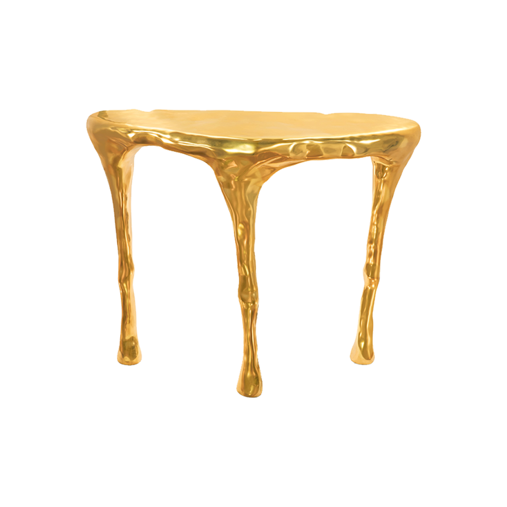 Der Bliss Console Table ist eine dreibeinige Messingkonsole mit wellenförmiger Form — anmutig und stilvoll.