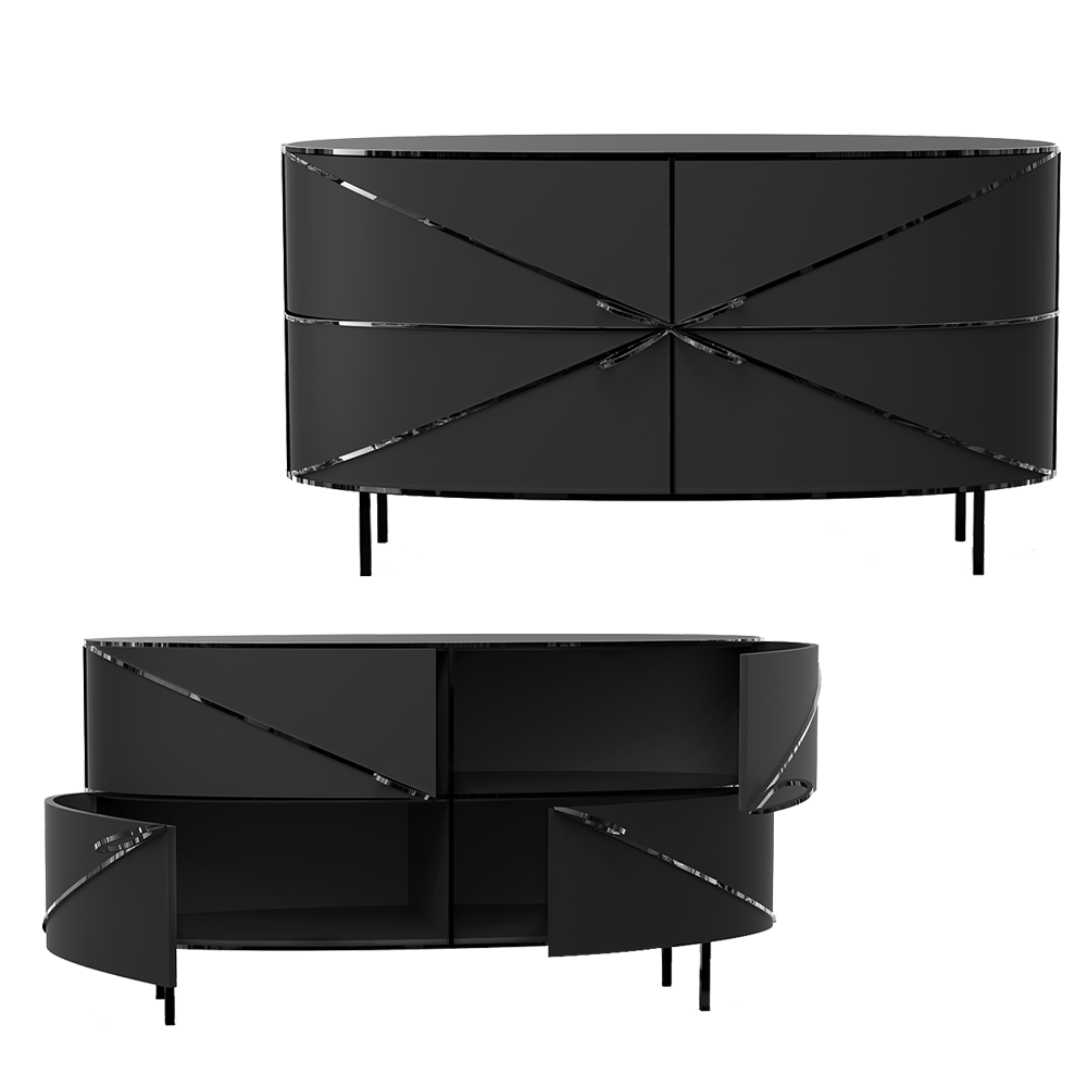88 Secrets Sideboard Nero Black, ein eleganter schwarzer Schrank mit eleganten Metallverkleidungen.