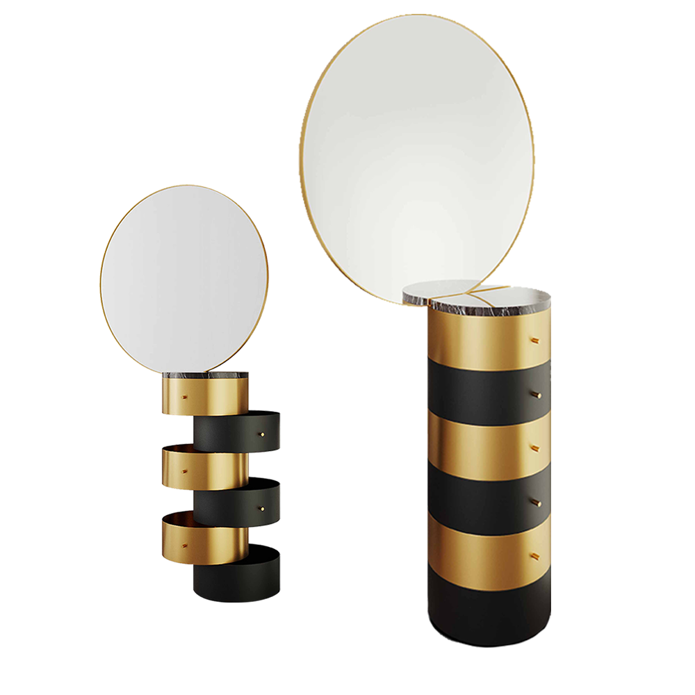Strings Beauty Table Gold Black, ein eleganter Waschtisch mit goldenen Akzenten und runden Schubladen.