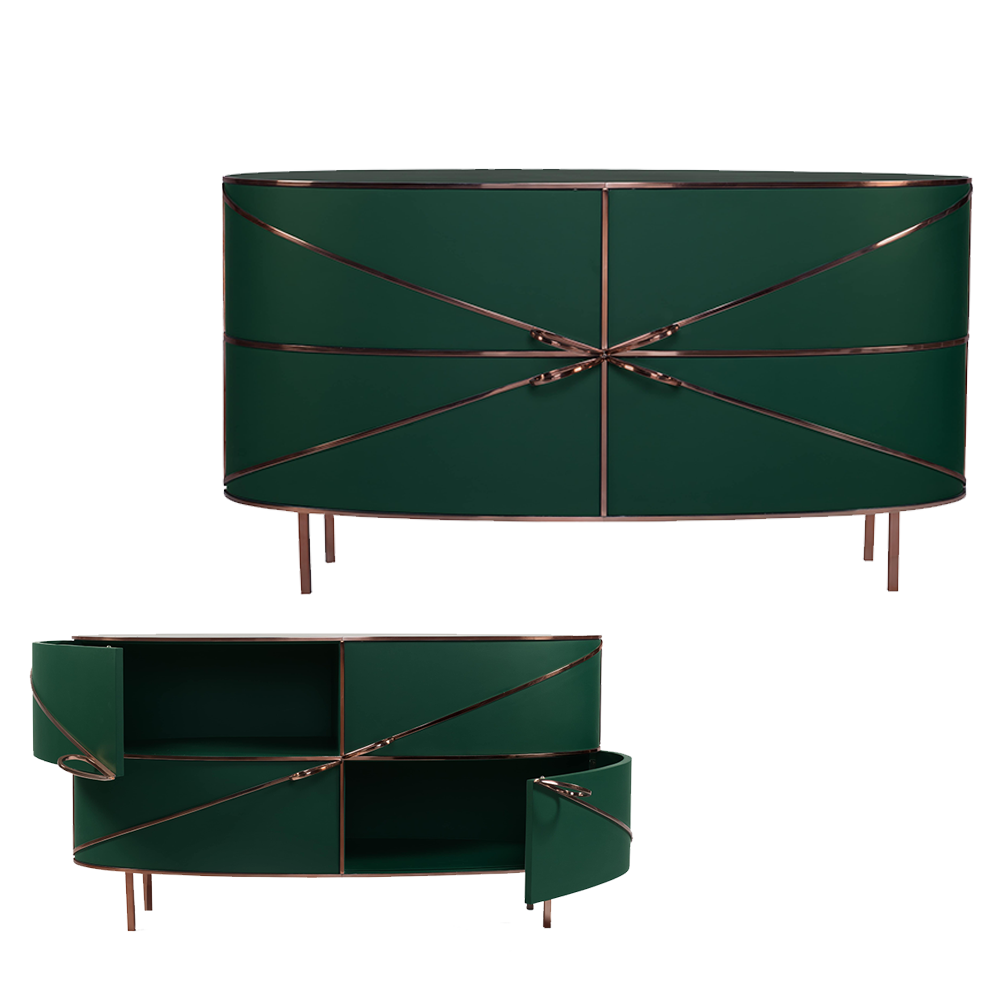 88 Secrets Sideboard Verde Rose, ein tiefgrüner Schrank mit roséfarbenen Metallleisten und anmutigen Linien.