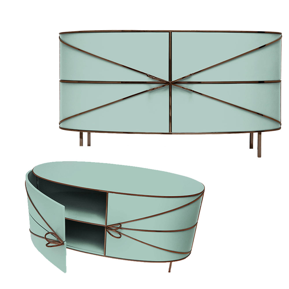 88 Secrets Sideboard Jade Rose, ein mintgrüner Schrank mit roséfarbenen Metallverkleidungen, elegant und gewagt.