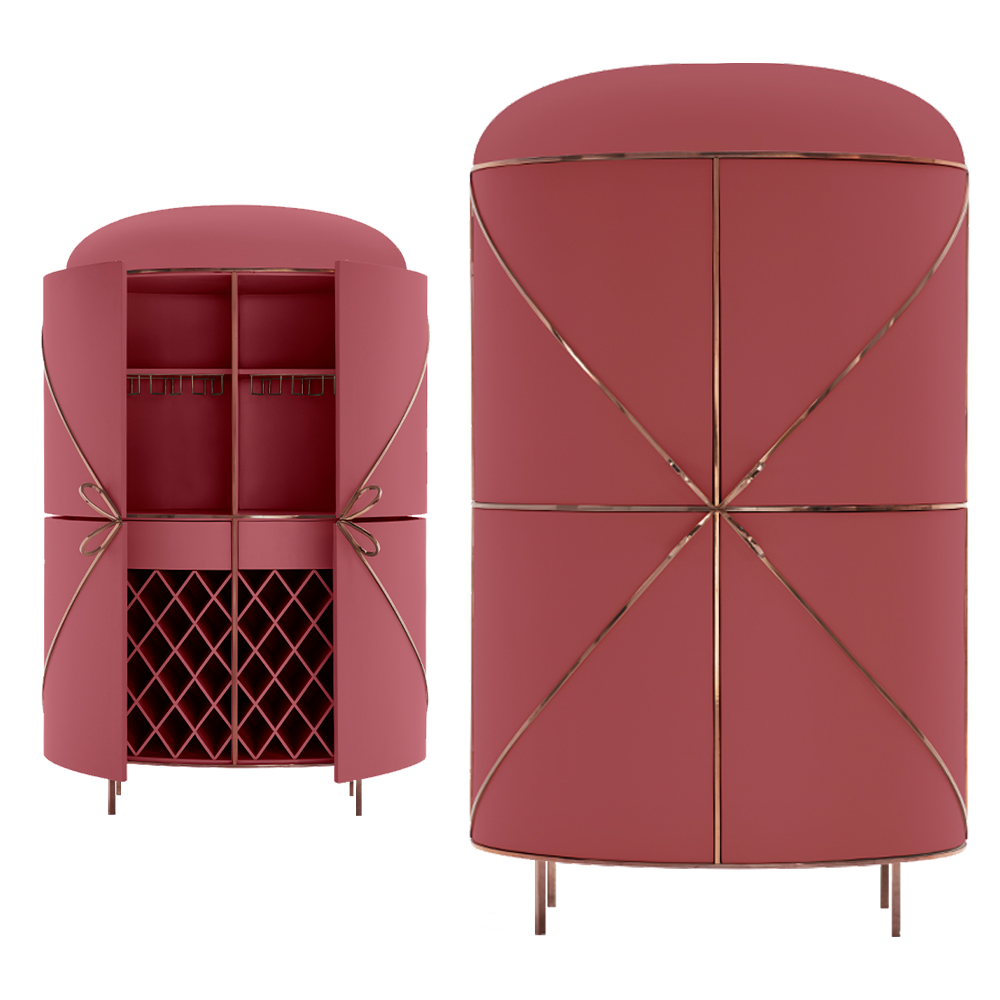88 Secrets Bar Rosa Rose, ein rosaroter Barschrank mit roséfarbenen Metallverzierungen und eleganten Linien.