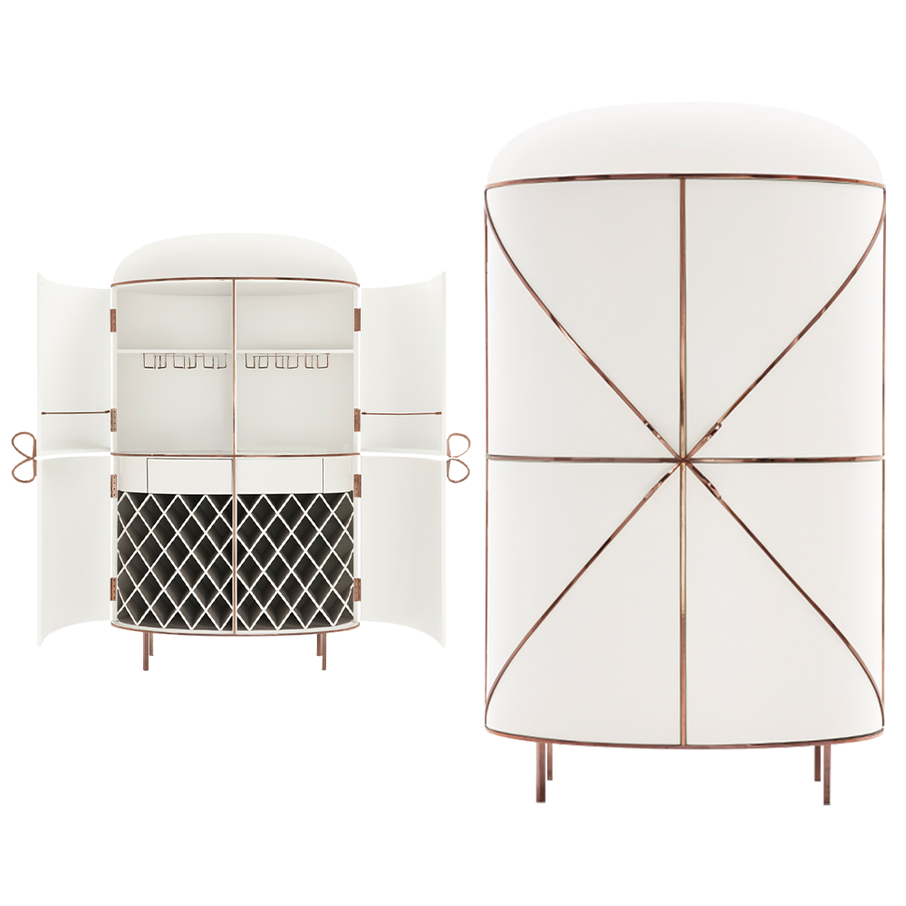 88 Secrets Bar Bianco Rose, ein weißer Barschrank mit roséfarbenen Metallverkleidungen und eleganten modernen Linien.