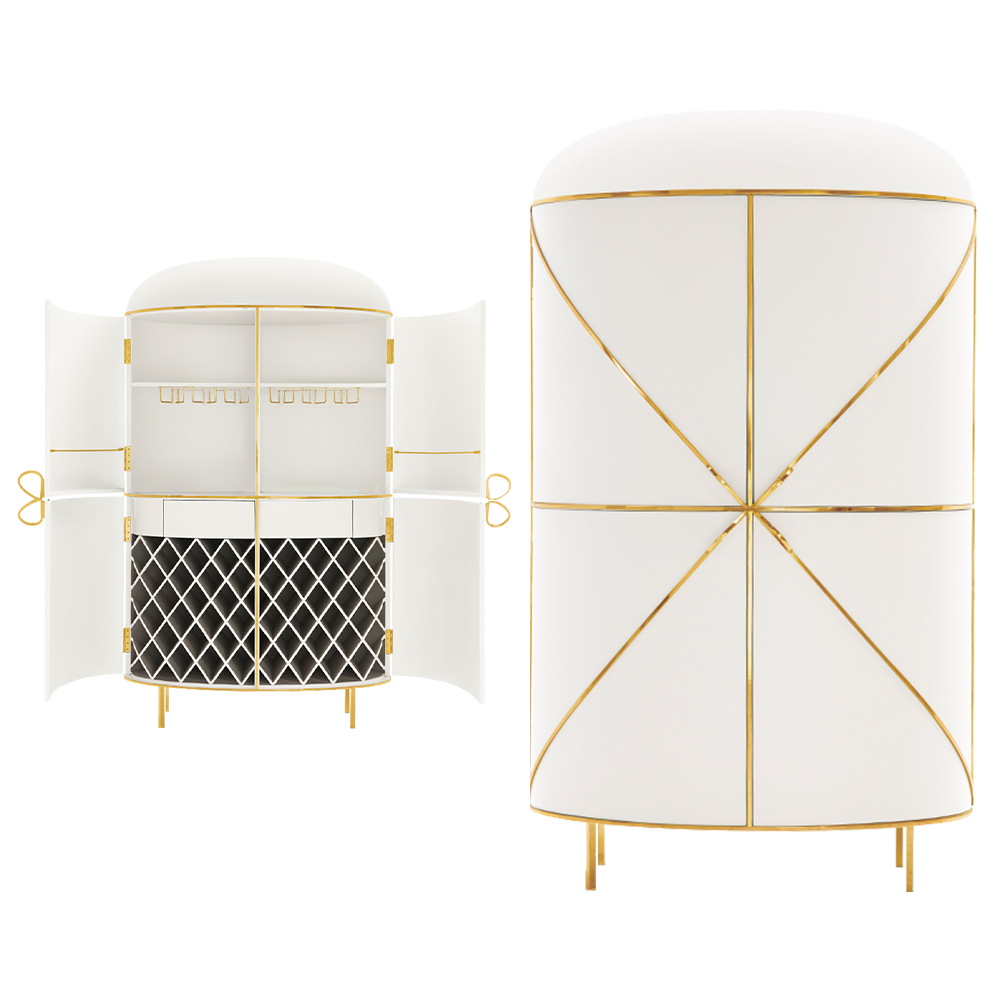 88 Secrets Bar Bianco Oro, ein weißer Barschrank mit goldenen Metallverzierungen, elegant und raffiniert.