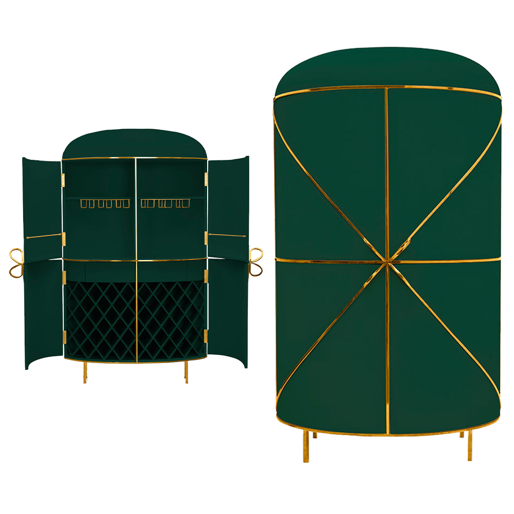 88 Secrets Bar Verde Oro, ein tiefgrüner Barschrank mit goldenen Verzierungen und anmutigen Linien.