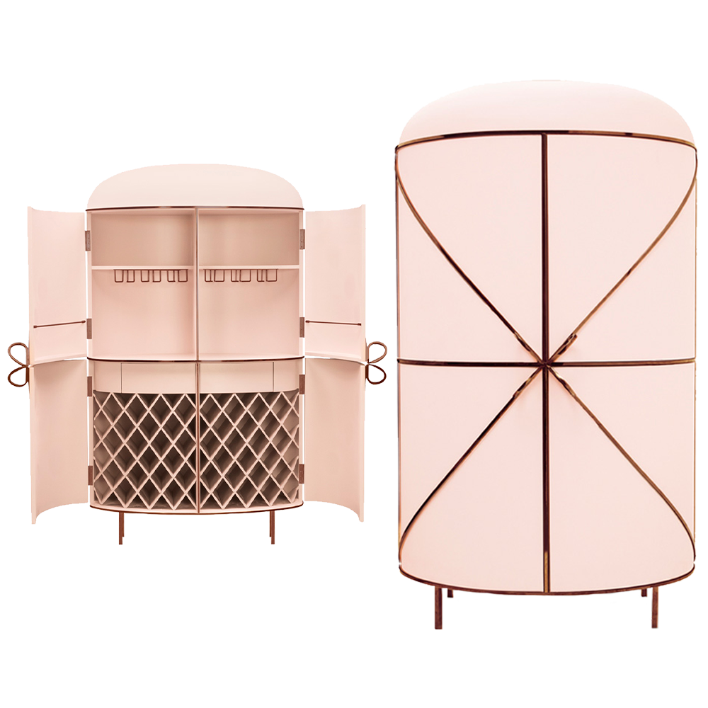 88 Secrets Bar Blush Rose, ein rosafarbener Barschrank mit rosafarbenen Rändern und raffinierter, eleganter Form.