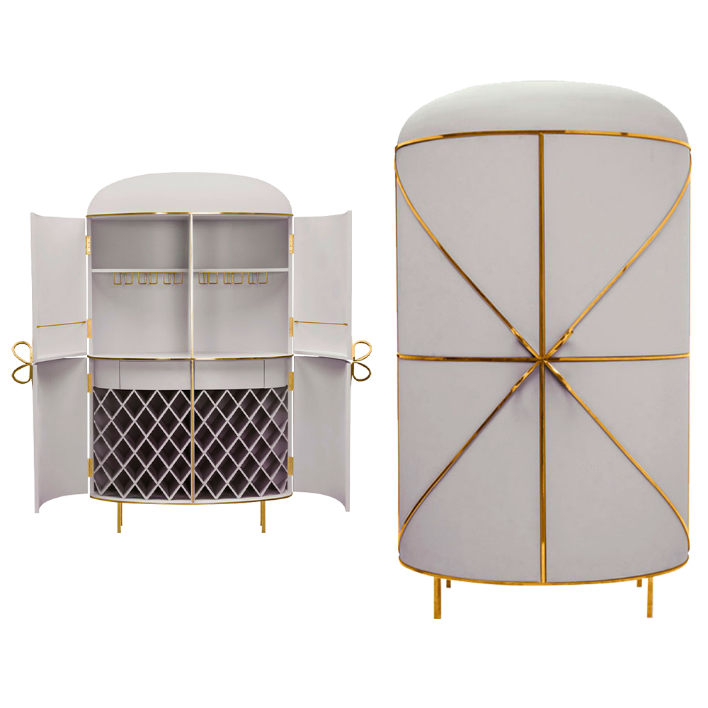88 Secrets Bar Blanche Oro, ein grauer Barschrank mit goldenen Verzierungen, elegant und stattlich.