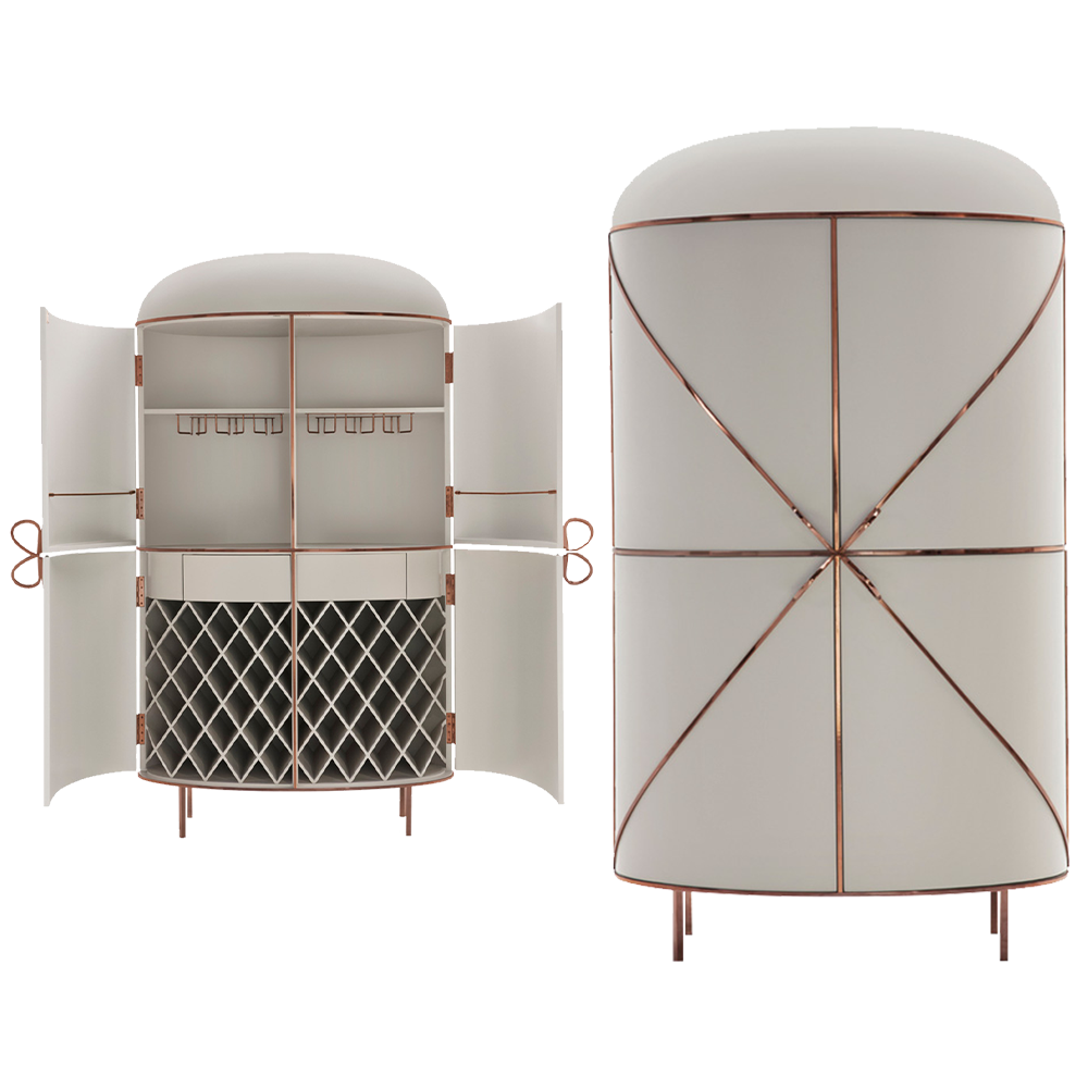 88 Secrets Bar Blanche Rose, ein grauer Barschrank mit roséfarbenen Metallleisten und weichen Kurven.