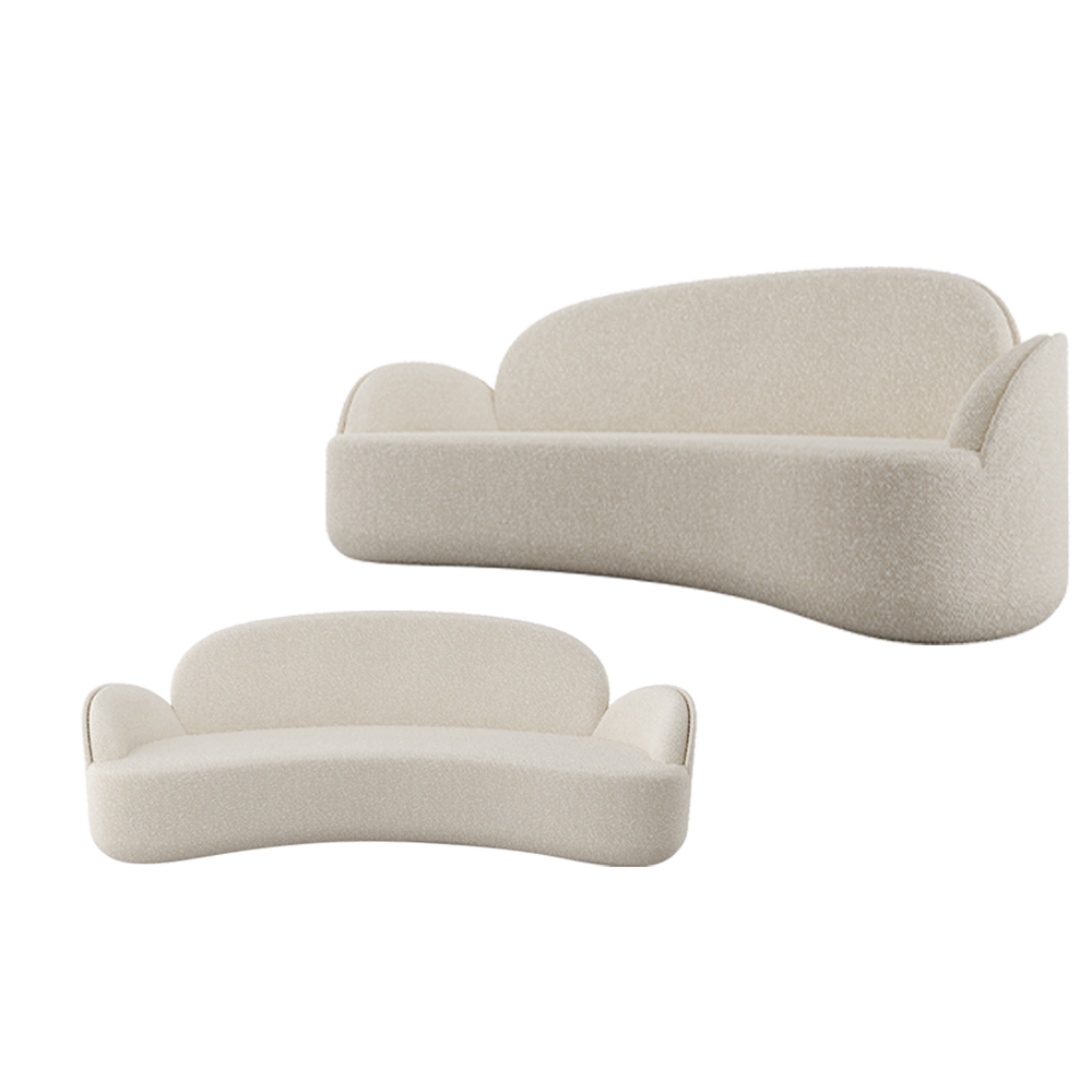 Strings Sofa Ivory in weichem Boucle, eleganten Kurven und einladendem Komfort.