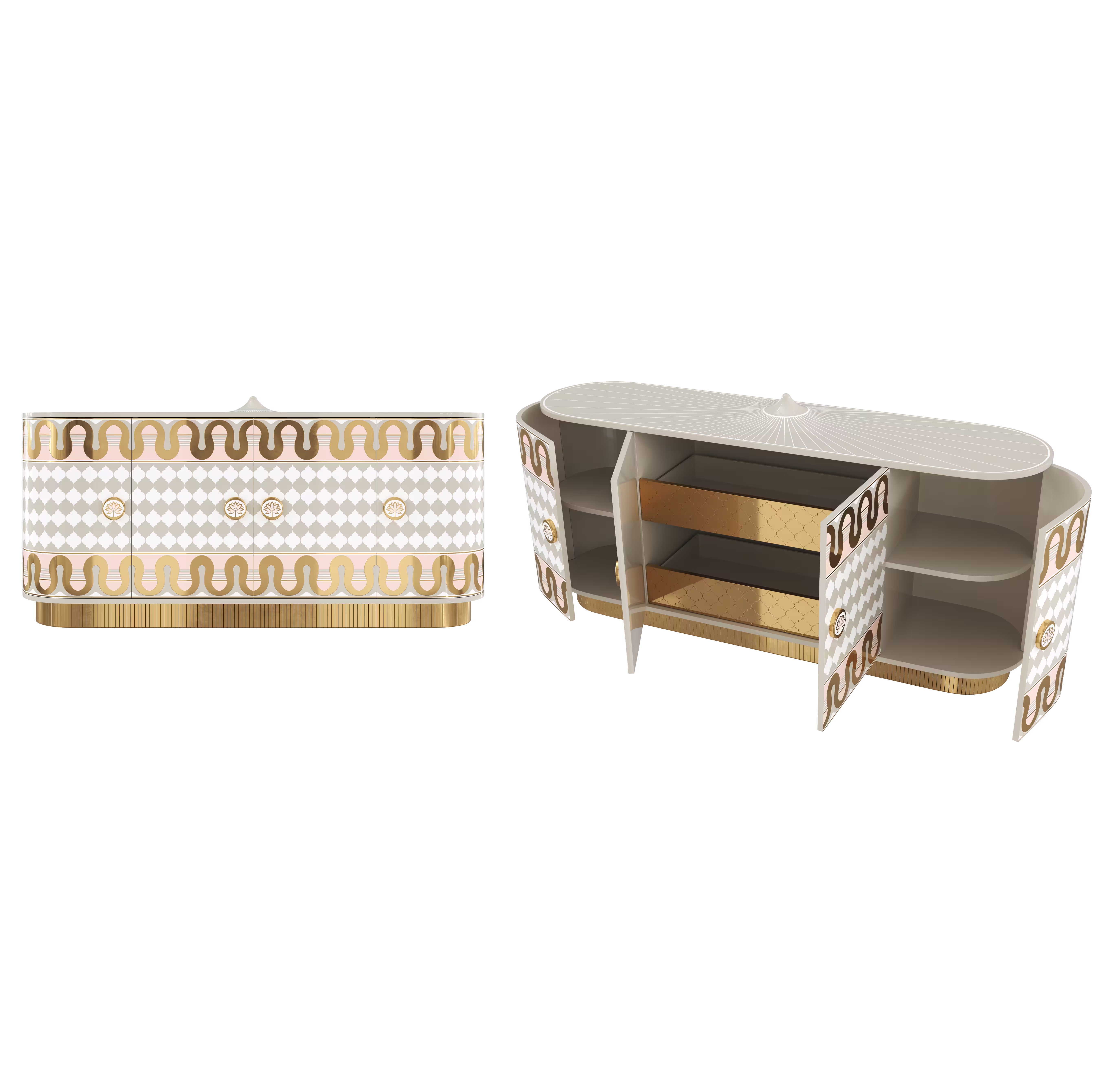 Mandala Sideboard Basra with brass arches and intricate inlay, global fusion cabinet.