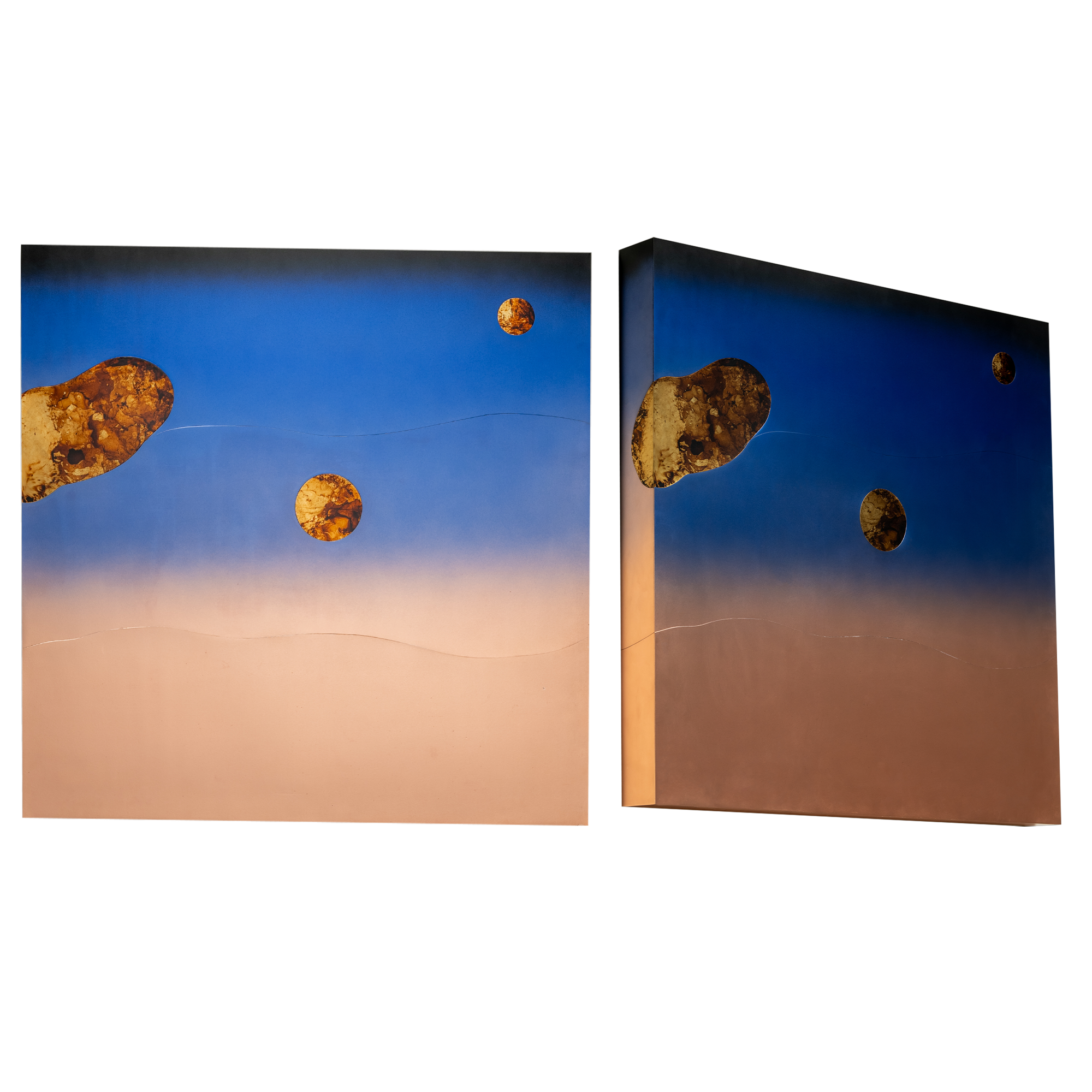 Celestial Wall Art II aus Messing und Kupfer, heiteres himmlisches Wandkunstwerk.