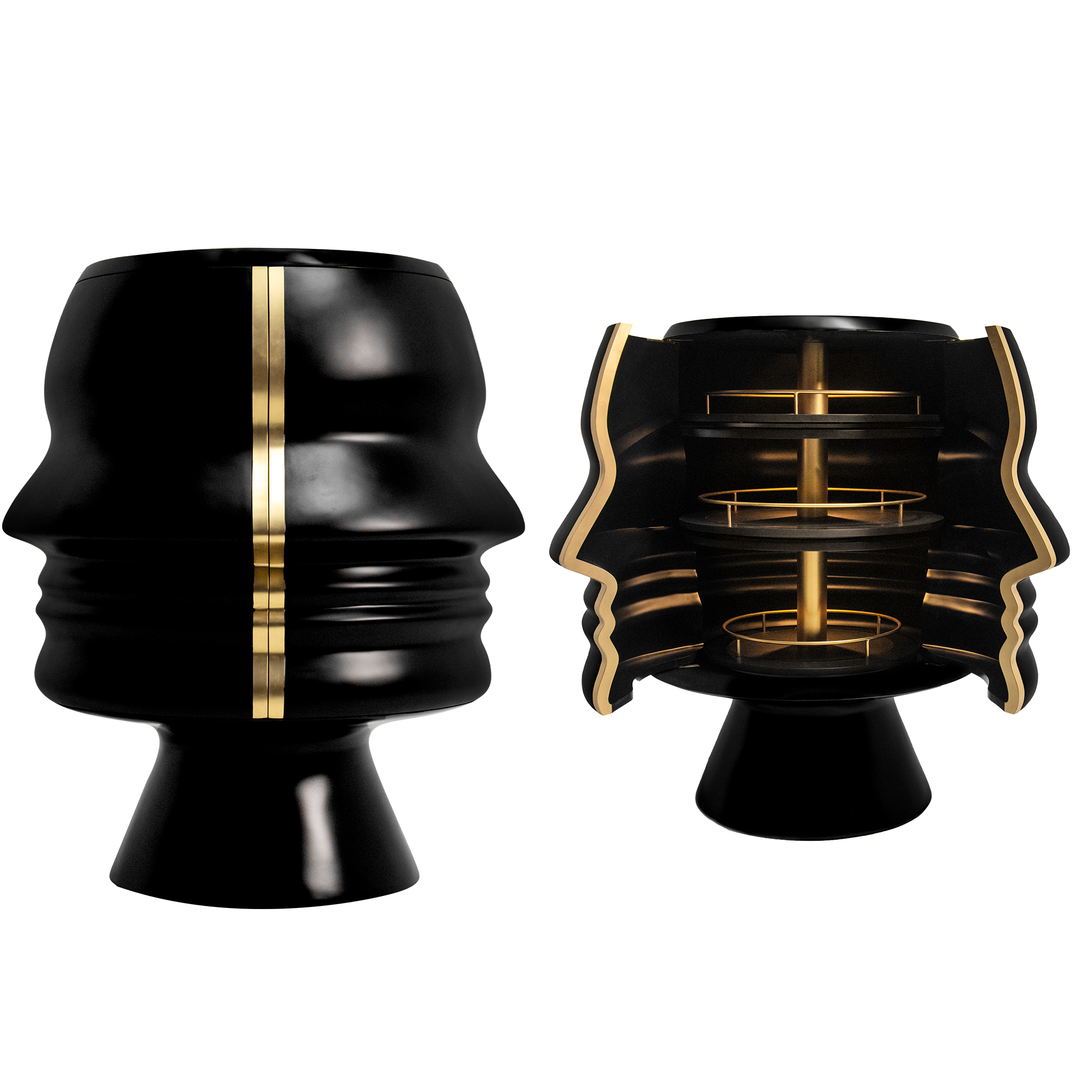 Ego Cabinet schwarz und gold mit Gesichtskonturmotiv, skulptural und auffällig.