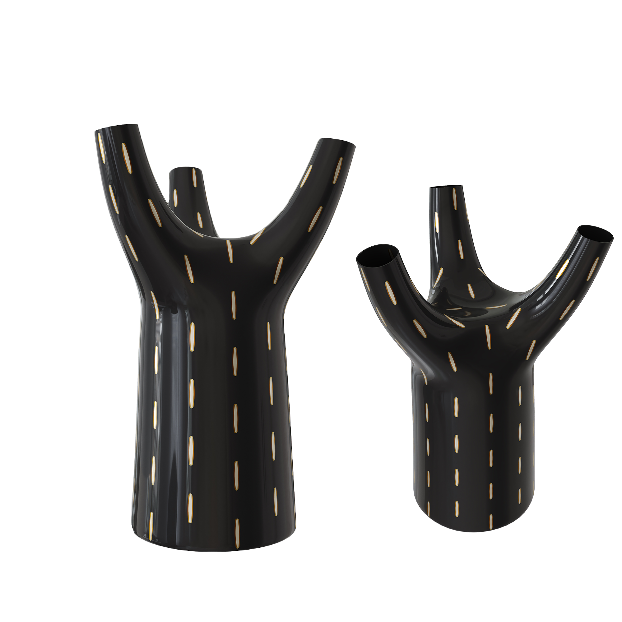Baumvase in Schwarz mit Messing- und Harzeinlage, einzigartige dreiarmige Blumenvase.