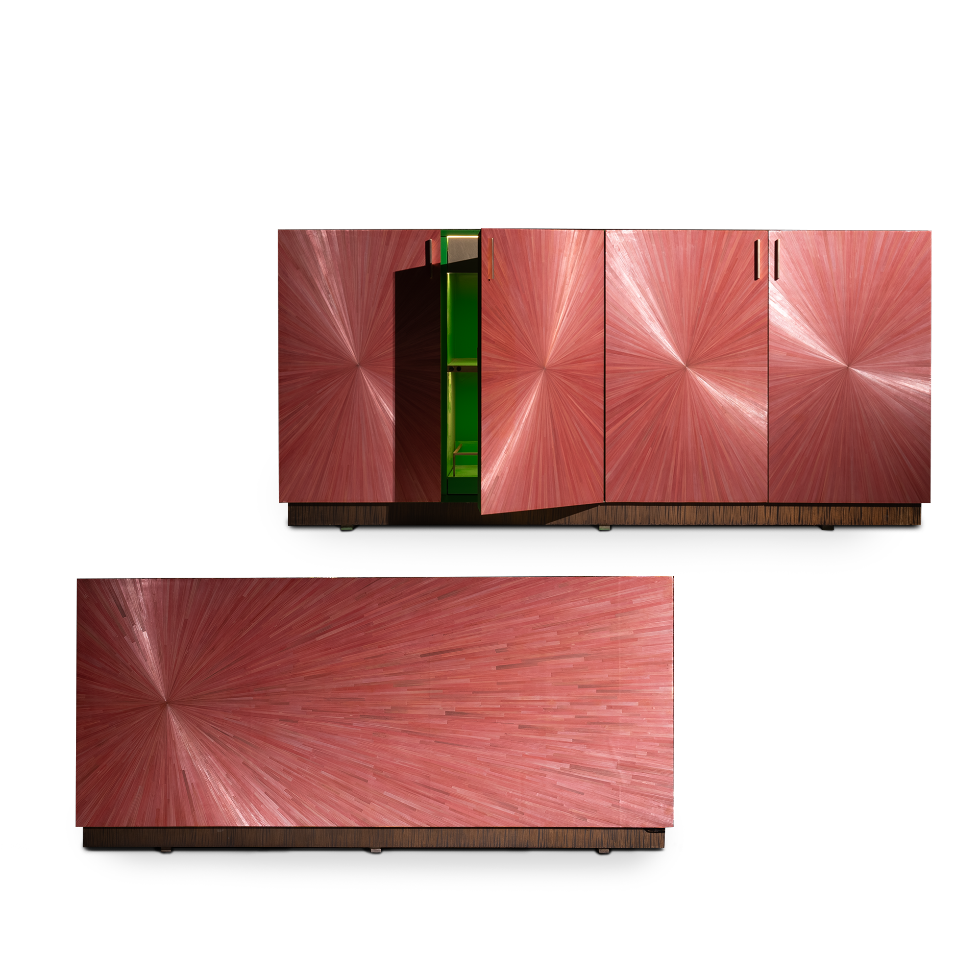 Radiance Coral Credenza with coral straw marquetry and brass top.