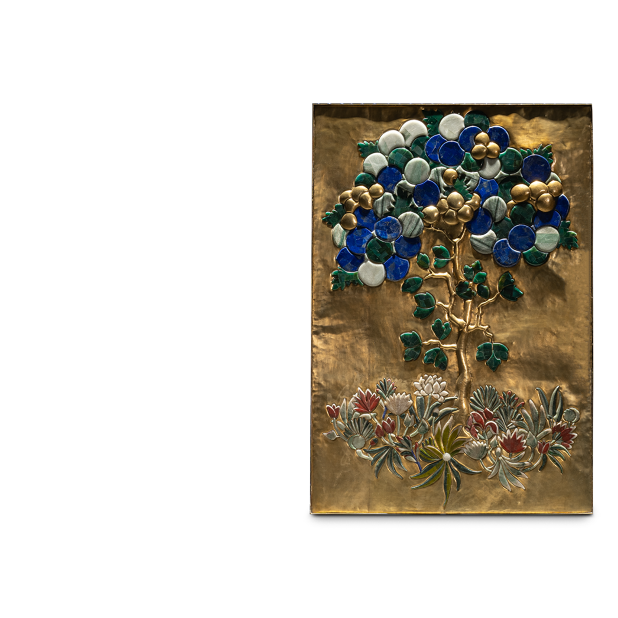 Land of Legends Panel with brass repousse and gemstone details.