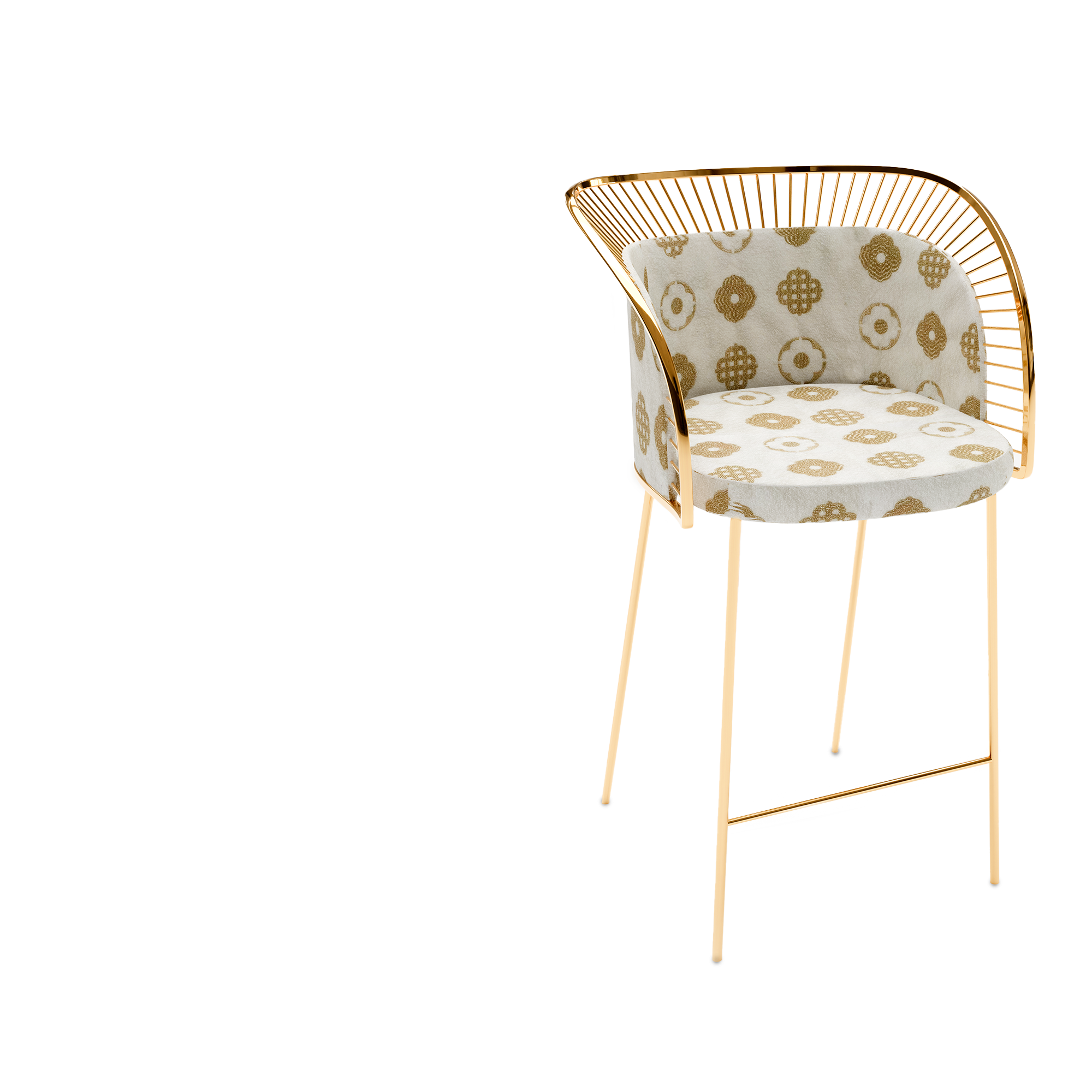 Crown Barhocker aus goldfarbenem Metall und elfenbeinfarbenem Boucle-Stoff.