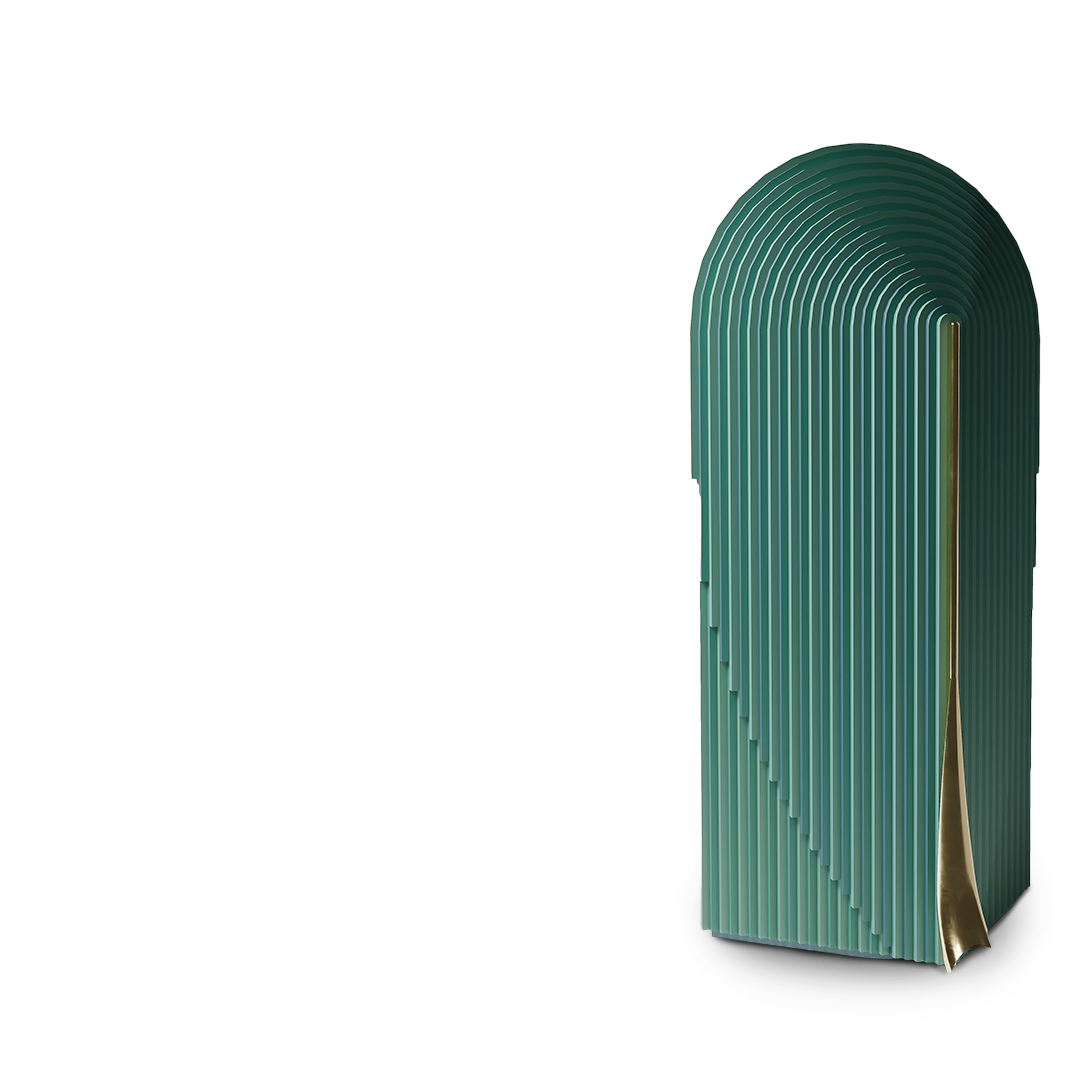 Leaf Cabinet mit goldener Mittelrippe und geschichteten Grüntönen.