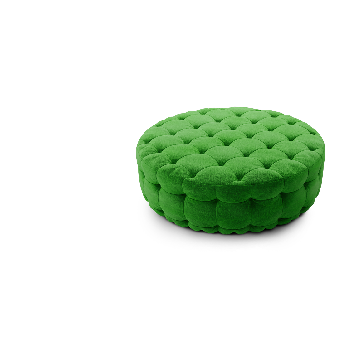 Serenity Ottoman Green, runder, getufteter Sitz aus Samt.
