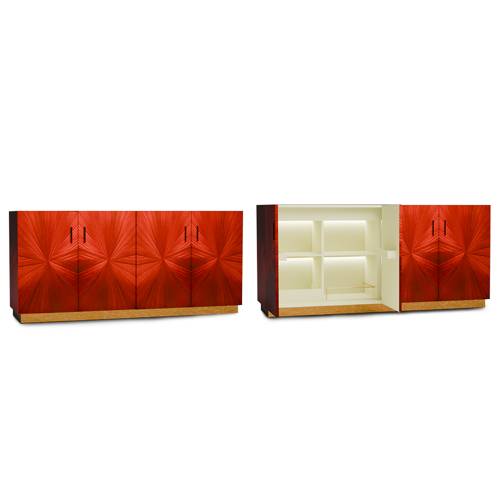 Radiance Red Credenza in red straw marquetry and brass.