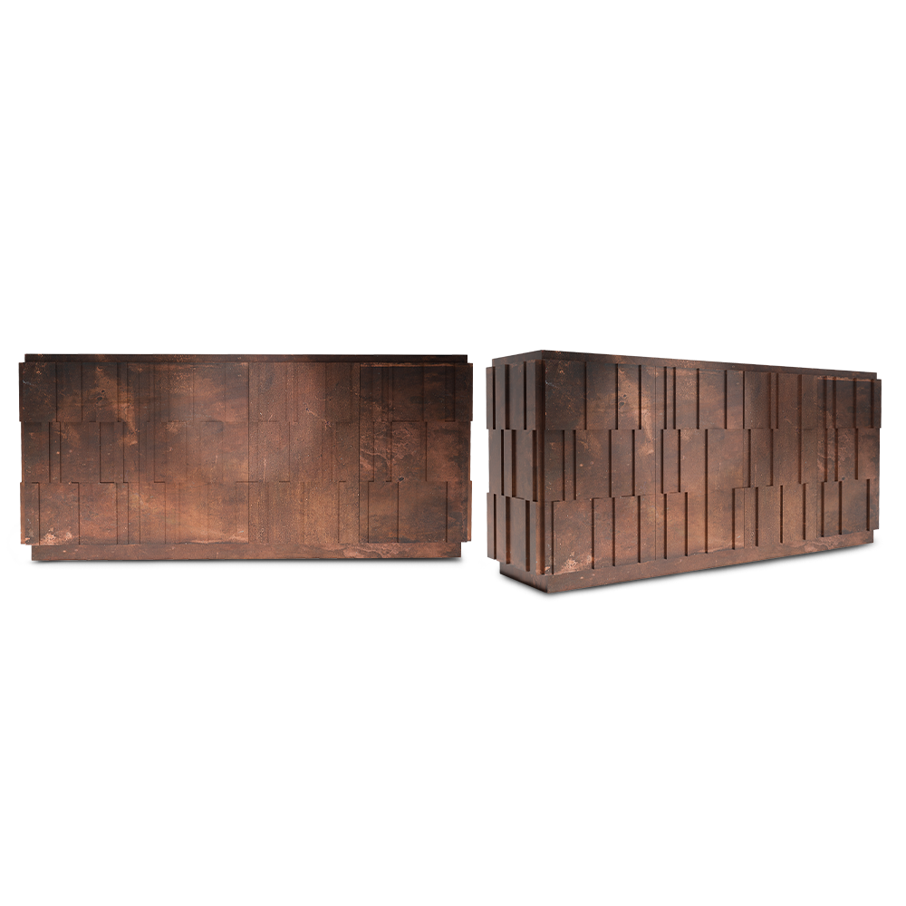 Forge-Konsole in Kupferpatina mit brutalistischem Design.