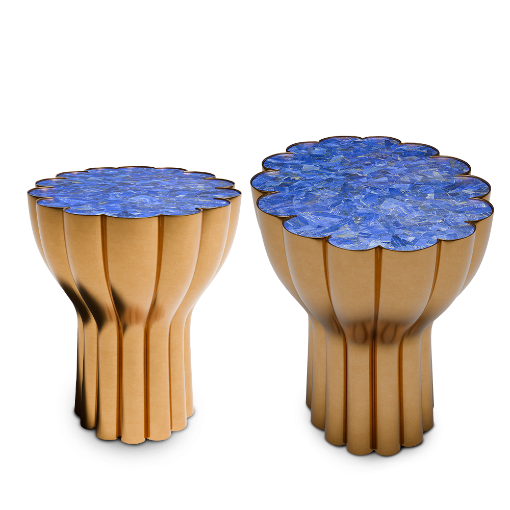 Bloom Table Small mit goldenem Fuß und Lapislazuli-Platte.