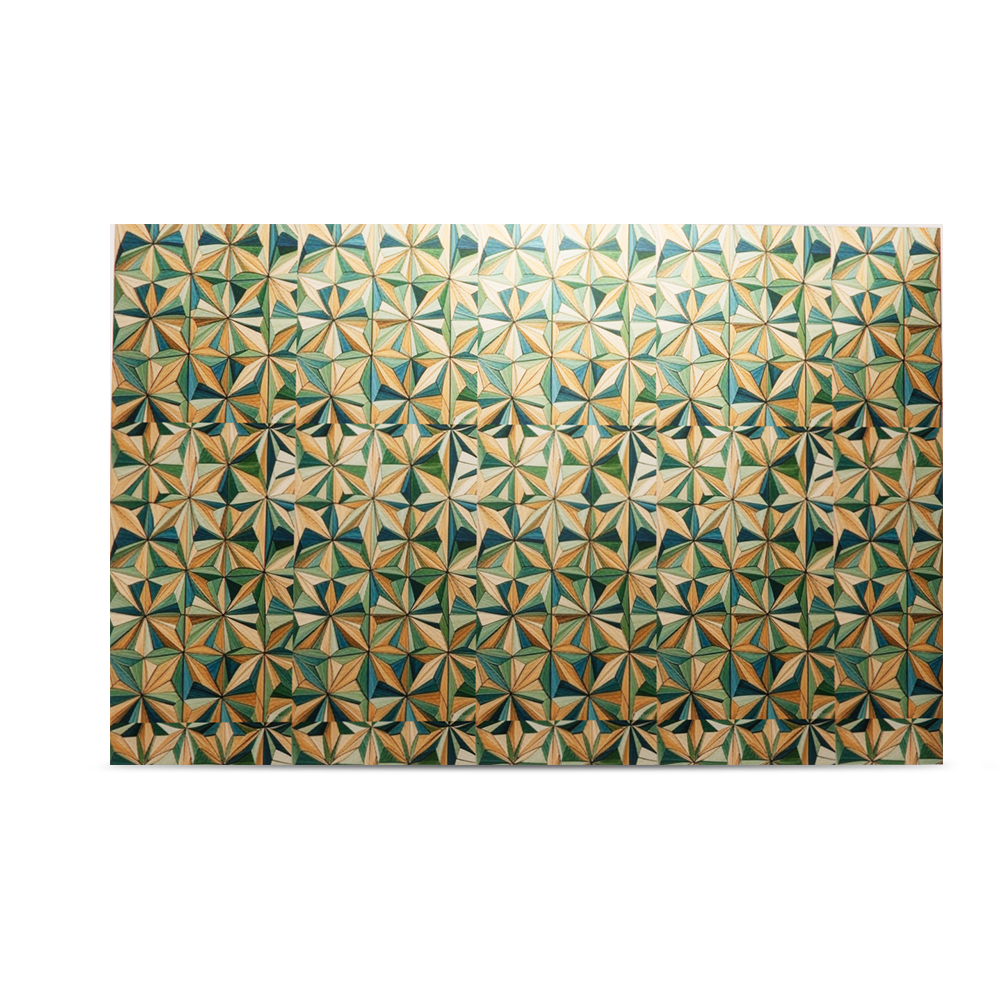 Soft Geometry 1, farbenfrohe geometrische Stroh-Intarsienkunst.