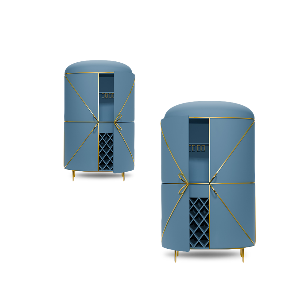 88 Secrets Bar Blue Oro, Barschrank in Blau und Gold.