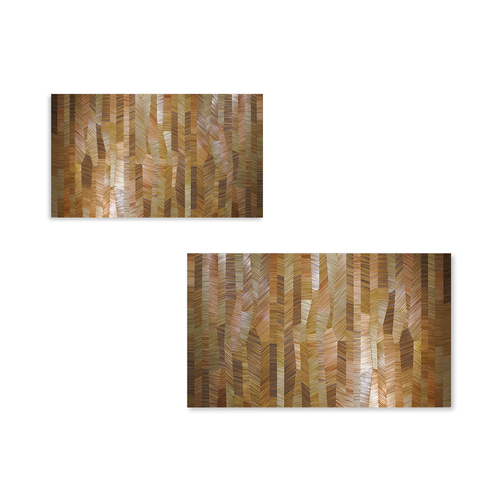 Wild Echoes 1 — handgefertigte französische Stroheinlage, die lebendige geometrische Muster mit natürlichem Glanz bildet.